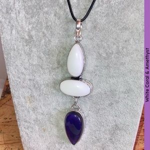 White Coral & Amethyst Quartz 3 Gemstone Handmade Pendant
